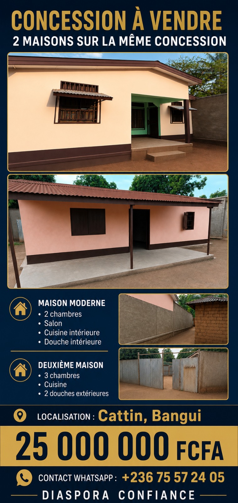 Annonce de la concession de deux maisons à vendre à Cattin, Bangui, au prix de 25 millions FCFA